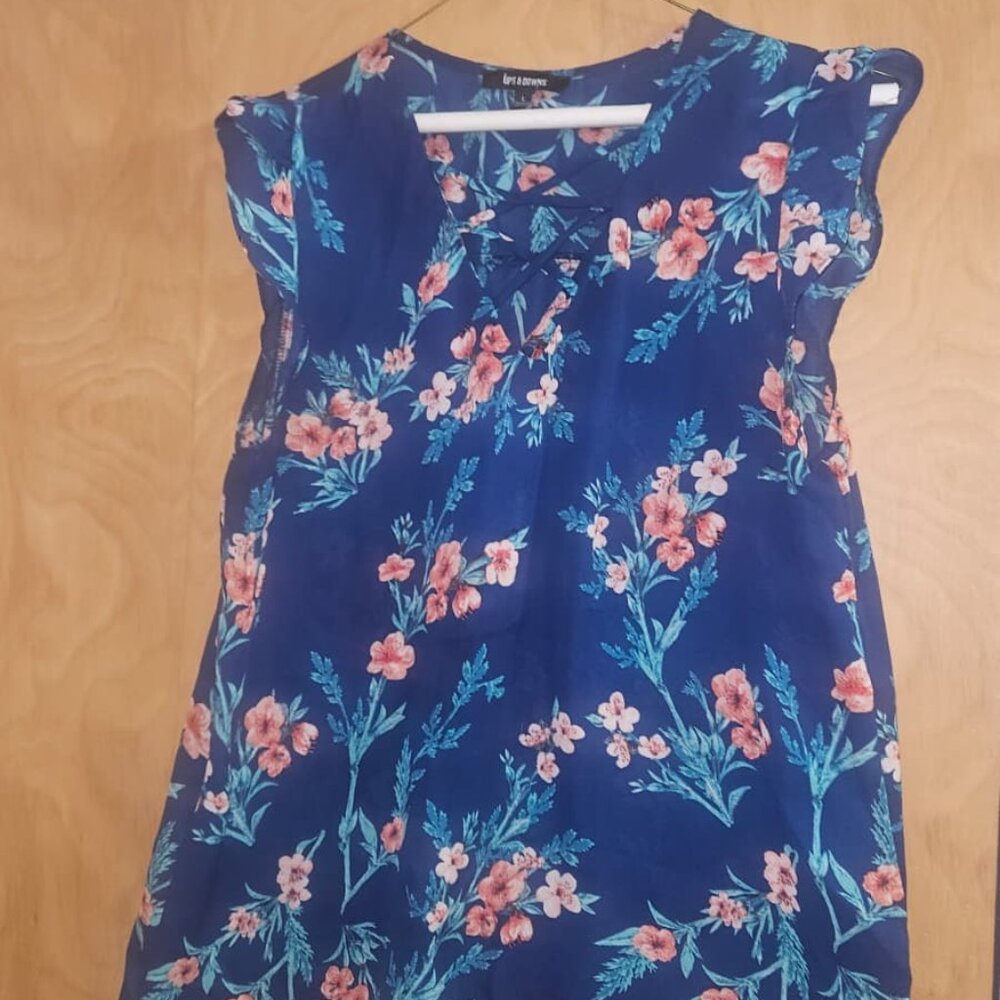L Blue Blouse with Pink Flowers
